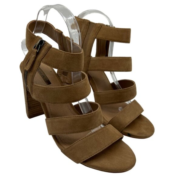 Tahari Media Strappy Tan Suede Open Toe Heels 7.5M - Picture 1 of 9